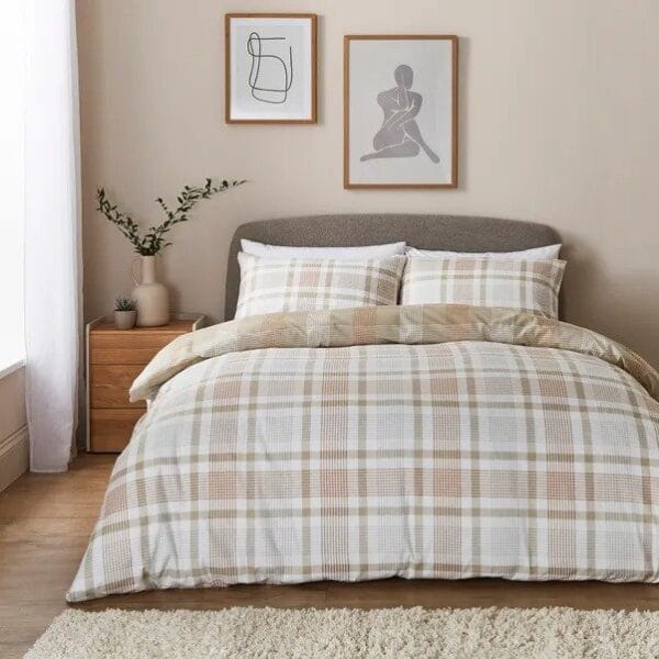 Grey Natural Check Brushed Cotton Duvet Cover and Pillowcase Set Single