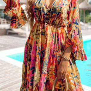 AZURA EXCHANGEPink Plant Print Flared Sleeve Ruffled Hem Tunic High Waist Flowy Dress