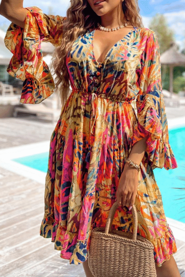 AZURA EXCHANGE
Pink Plant Print Flared Sleeve Ruffled Hem Tunic High Waist Flowy Dress