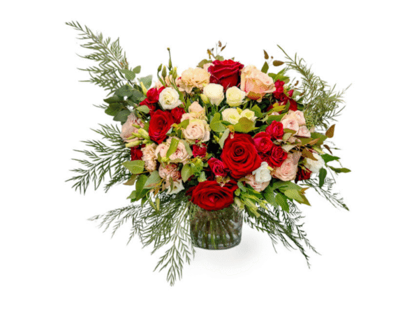 Queen Charlotte Flower Bouquet – Hand-Tied Luxury with Red, Pink & Cream Blooms