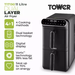 Tower Dual Layer Air Fryer 11L | Vertical 2-Drawer Air Fryer with Sync Cook