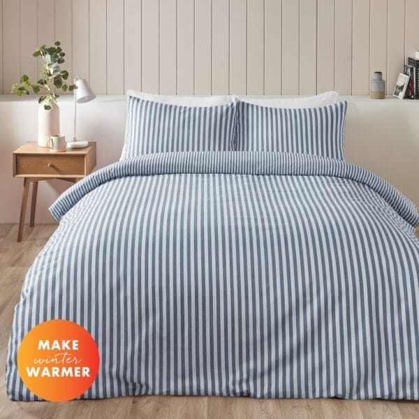 Catherine Lansfield Brushed Cotton Stripe Reversible Duvet Cover Set with Pillowcases – Natural, Blue, Green, Blush Pink