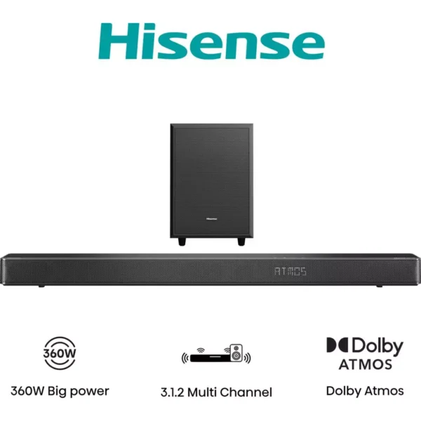 Hisense AX3120G 3.1.2Ch Dolby Atmos Soundbar System with Wireless Subwoofer – 360W, Bluetooth 5.3, 7 EQ Modes