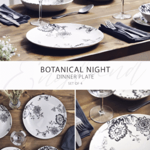 Botanical Night Cereal Bowl Set – Black Floral Earthenware (Set of 4)
