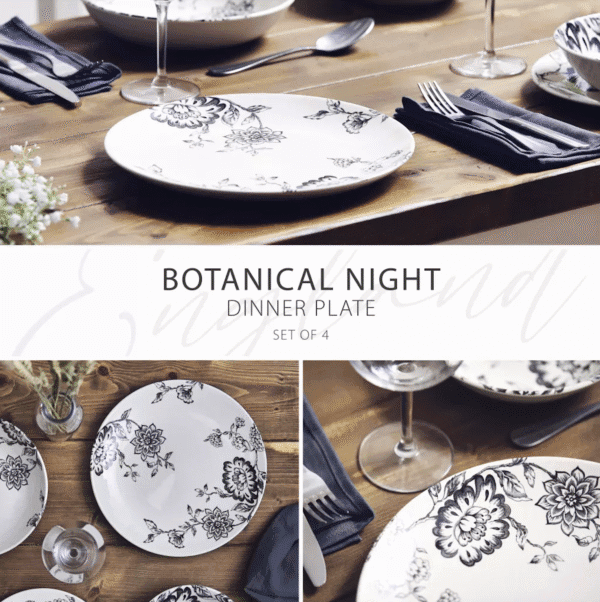 Botanical Night Cereal Bowl Set – Black Floral Earthenware (Set of 4)