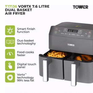 Tower Vortx Dual Basket Air Fryer — 7.6 L (Grey/Chrome)