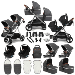 Puggle Memphis 3-in-1 Duo Double Twin Travel System with Car Seats, Carrycots & Accessories-Platinum Grey Luxe