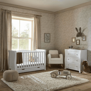 Puggle Prestbury Classic Cot Bed with Drawer, Sleigh Dresser & 10 cm Fibre Mattress – Classic White